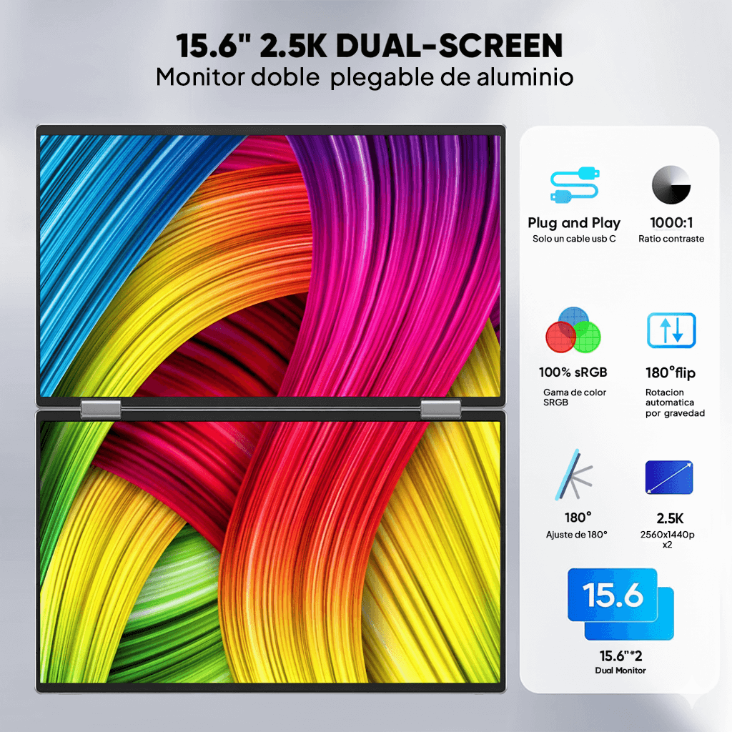 Monitor Portatil Plegable Doble Pantalla 15.6″ 2.5K Ultra HD USB-C HDMI - Imagen 2